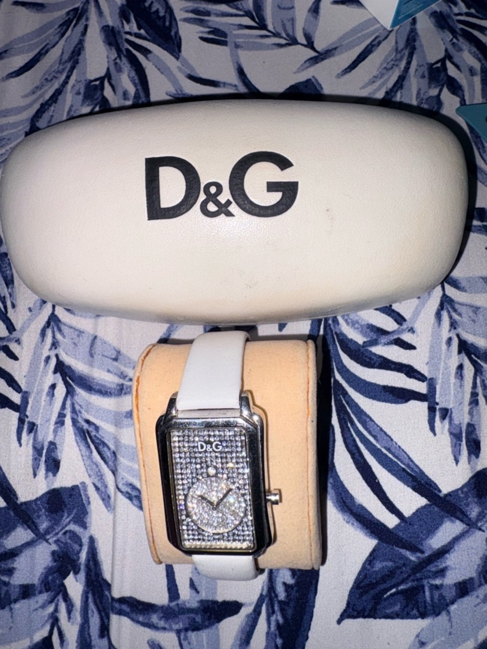 D&G Silver Crystal Watch with White Leather Strap